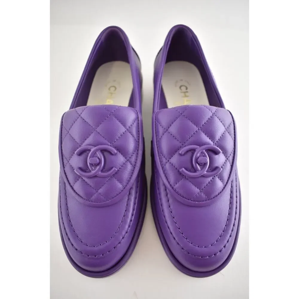 Chanel 24C Purple Leather Quilted Flap Turnlock CC Logo Moccasin Flat Loafer 36